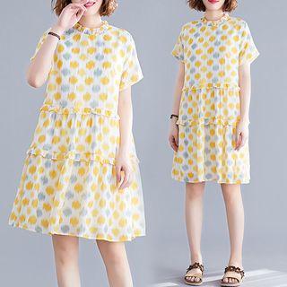 Print Wood Ear Trim Short-sleeve Dress