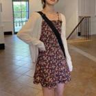 Spaghetti Strap Floral Print A-line Dress / Cardigan / Set
