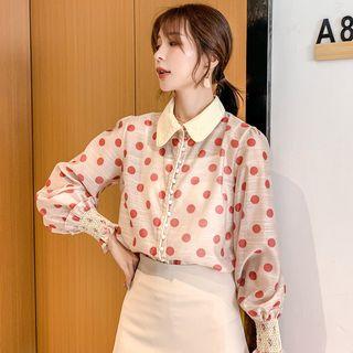 Polka Dot Collared Long-sleeve Blouse