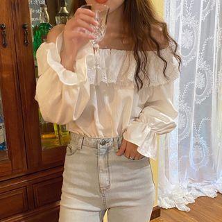 Eyelet Ruffle Trim Off-shoulder Blouse White - One Size