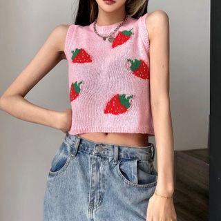 Strawberry Print Knit Crop Tank Top