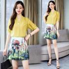 Set: Short-sleeve Blouse + Printed A-line Mini Skirt