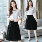 Set: Contrast Trim Elbow-sleeve Top + A-line Skirt