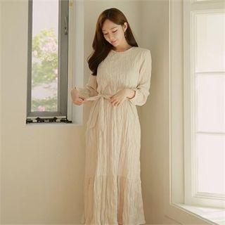 Ruffle-hem Crinkled Dress With Sash