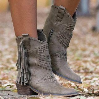 Fringed Faux Leather Chunky-heel Mid-calf Boots