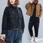 Stand-collar Plain Cropped Zip Jacket