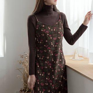 Set: Floral Long Pinafore Dress + High-neck Top