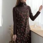 Set: Floral Long Pinafore Dress + High-neck Top