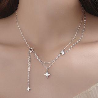 Star Rhinestone Pendant Asymmetrical Sterling Silver Necklace Silver - One Size