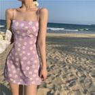 Strappy Floral A-line Dress White Flower - Purplish Pink - One Size