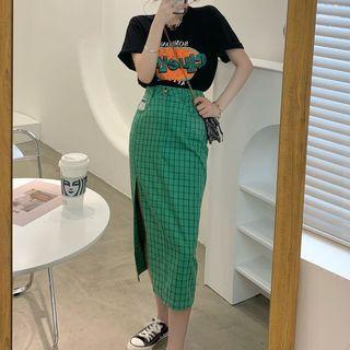 Set: Short Sleeve Print T-shirt + Plaid Slit Pencil Skirt