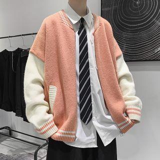 Color-block Zip-up Knit Cardigan