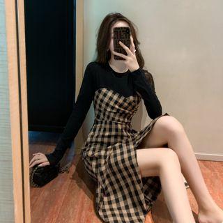 Long-sleeve Gingham Panel Midi A-line Dress