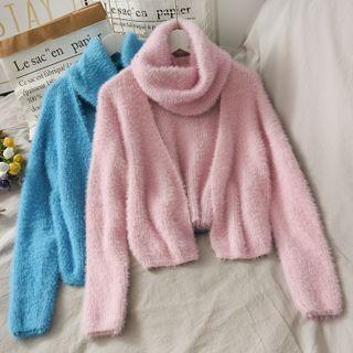 Open-front Furry-knit Cardigan With Circle Scarf