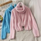 Open-front Furry-knit Cardigan With Circle Scarf