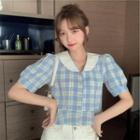 Puff-sleeve Plaid Wide-collar Blouse
