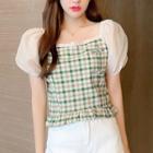 Puff-sleeve Plaid Frog-button Cropped Blouse