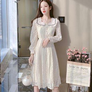 Long-sleeve Ruffled-trim Peter Pan Collar Lace Dress