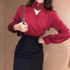 Plain V-neck Long-sleeve Loose-fit Blouse / Plain Skirt