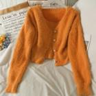 Set: Furry-knit Camisole Top + Slim-fit Cardigan In 5 Colors