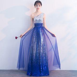 Sleeveless One Shoulder Mesh Overlay Glitter A-line Evening Gown