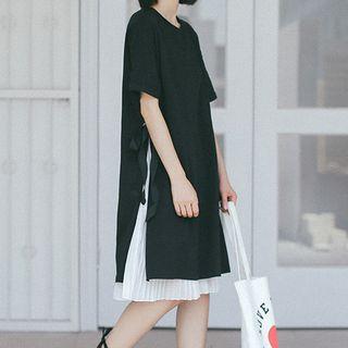 Set: Side Tie Short-sleeve T-shirt + Pleated Hem Slipdress As Shown In Figure - One Size