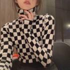 Long-sleeve Turtleneck Checkerboard Knit Top Checkerboard - Black & White - One Size