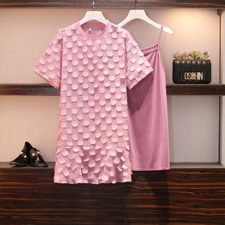 Set: Short-sleeve Dotted Dress / Spaghetti Strap Dress