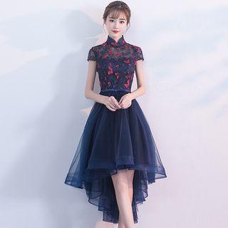 Floral Patterned Short Sleeve Dip Back Qipao