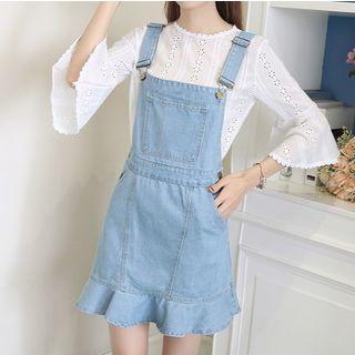 Set: 3/4-sleeve Top + Denim Jumper Dress