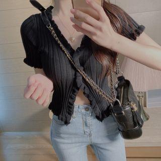 Ruffle Trim Short-sleeve Cropped Knit Cardigan