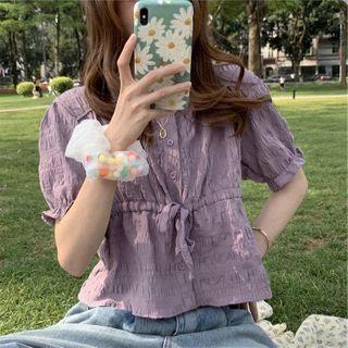 Puff-sleeve Crinkled Top Purple - One Size