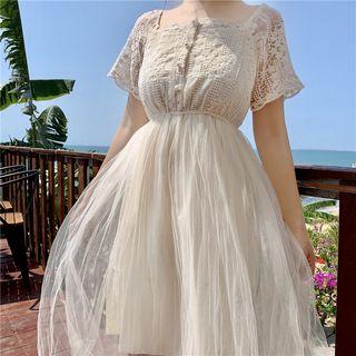 Short-sleeve Floral Embroidered Mesh Midi A-line Dress