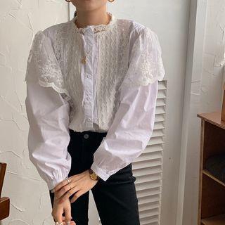 Mock-turtleneck Crochet Panel Balloon-sleeve Blouse White - One Size