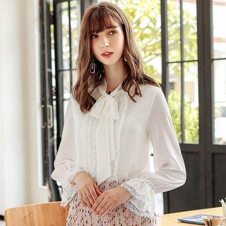 Lace Trim Lantern-sleeve Chiffon Blouse