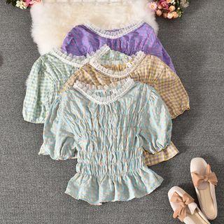 Puff-sleeve Check Shirred Crop Top