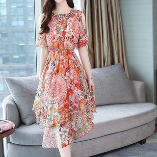 Floral Print Cold Shoulder A-line Midi Chiffon Dress