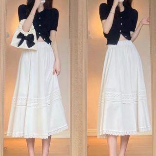 Short-sleeve Button-up Top / Midi A-line Skirt