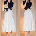 Short-sleeve Button-up Top / Midi A-line Skirt