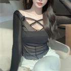 Long-sleeve Floral-accent Strappy Sheer Top