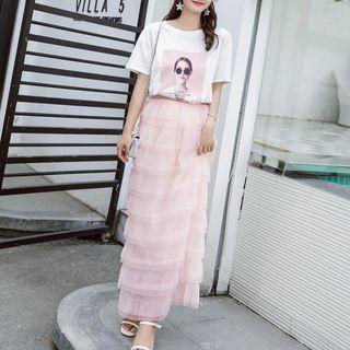 Set: Short Sleeve Print T-shirt + Layered Chiffon Skirt