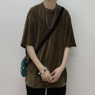 Striped Elbow-sleeve Velvet T-shirt