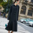 Long-sleeve Collared Midi Dress Black - One Size