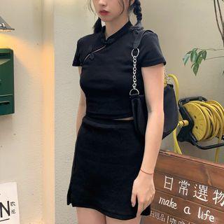 Short-sleeve Frog-buttoned Crop Top / A-line Mini Skirt