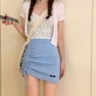 Short-sleeve Light Cardigan / Floral Camisole / Drawstring Frill Trim Skirt