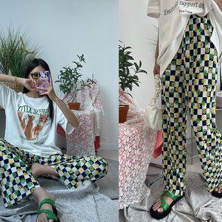 Floral Checkered Pleated Pants