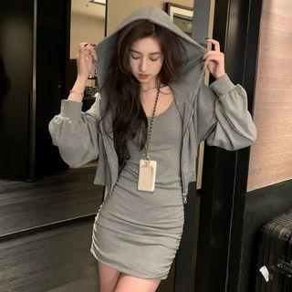 Hooded Zip Jacket / Spaghetti Strap Mini Bodycon Dress / Set