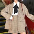Bow Accent Shirt / Plaid Double-breasted Blazer / Plaid Pleated Skirt