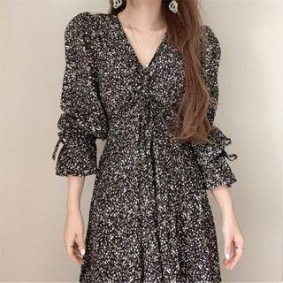 Long-sleeve Printed Midi A-line Dress Black - One Size
