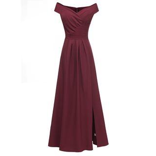 Short-sleeve Off Shoulder Slit A-line Maxi Dress